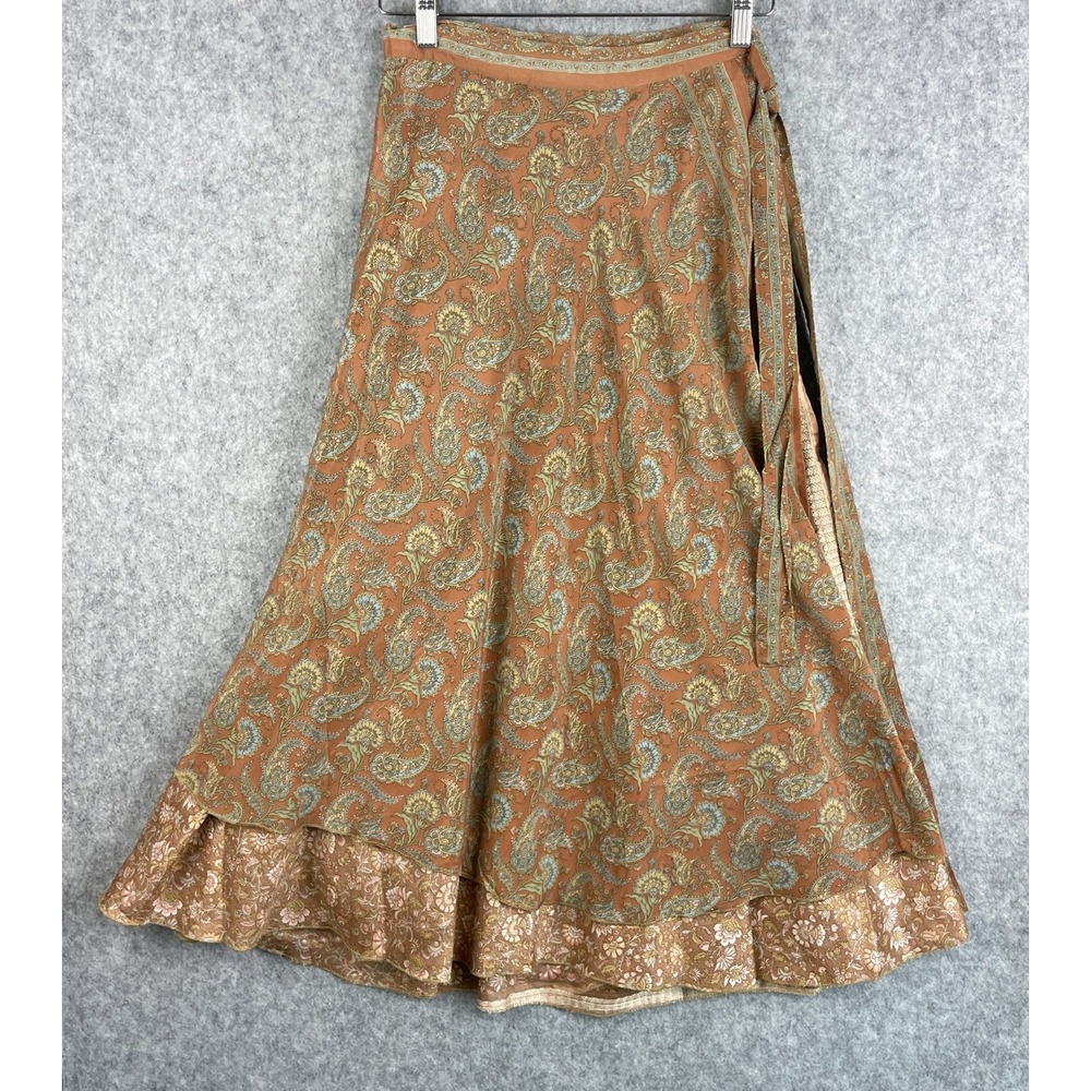 Earthbound Silk Wrap Skirt Womens One Size Brown Paisley Boho Gypsy Hippie